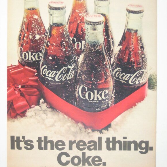 Coca-Cola Vintage 1960s Its The Real Thing Winter Holiday Print Ad Bottle Ribbon - Picture 2 of 2